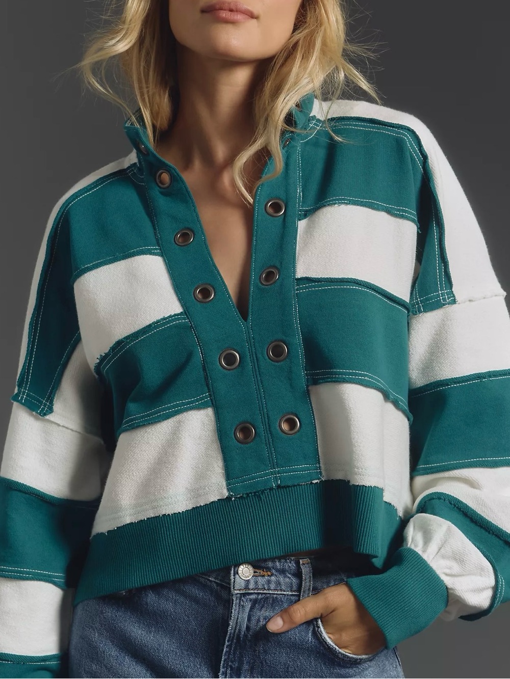 Anthropologie Pilcro Kamrie Pieced Popover Sweater Varsity Stripe Oversized Med